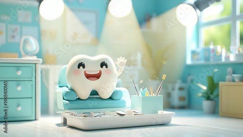 A happy, smiling cartoon tooth character relaxing in a dentist's office, with dental tools. Its waving at you. 