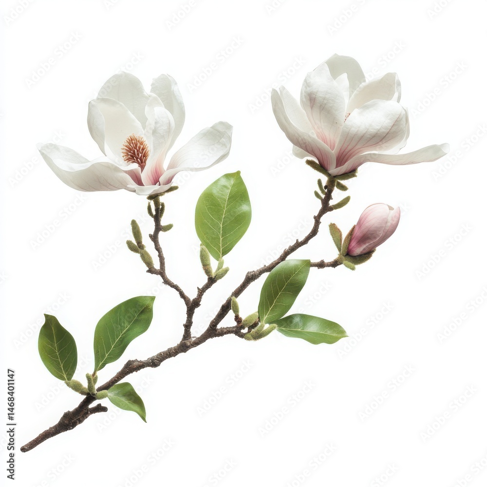 Obraz premium Magnolia flower and leaves close up on a white background