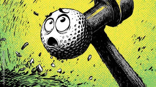 A cartoon golf ball faces a forceful impact.