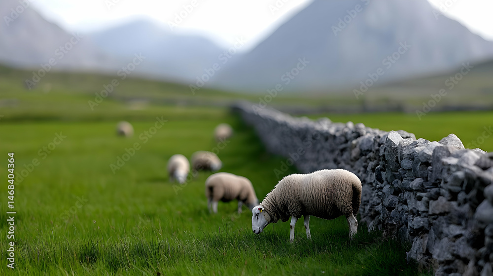 Fototapeta premium Sheep Grazing Near Stone Wall In Green Meadow
