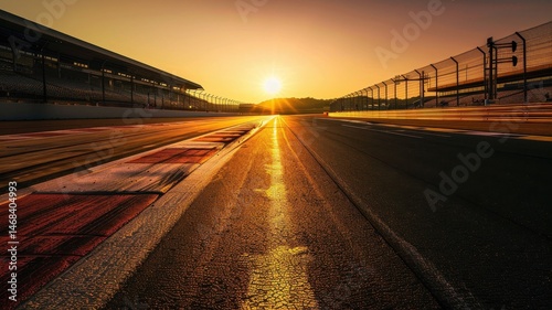 Captured at golden hour, this image shows an empty straight section of a race track, highlighting the stunning sunset and the serenity of the moment.