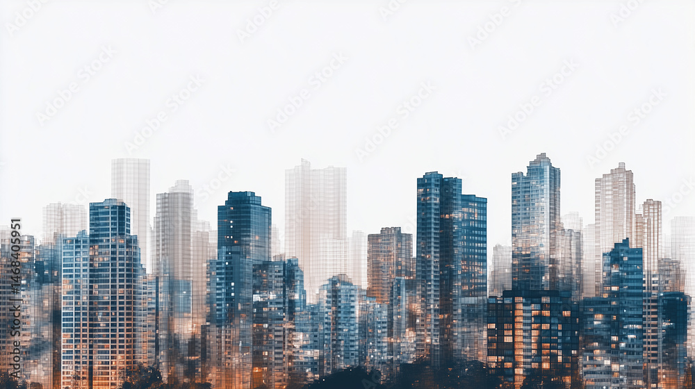 Obraz premium 現代都市のスカイラインを抽象的かつ空気感のあるタッチで描いたイラストシリーズ。高層ビルが立ち並ぶ都会の風景は、都市開発や建築、未来的デザインのコンテンツに最適です。
