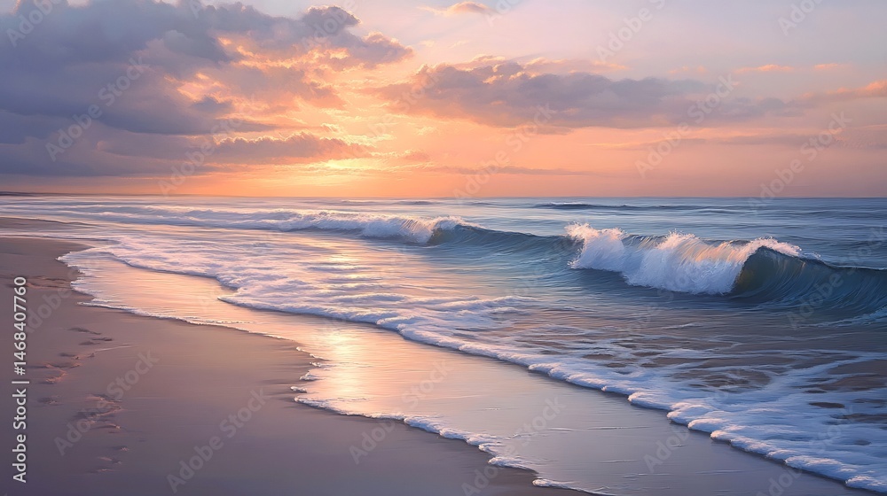 Fototapeta premium Serene Sunset Beach: Gentle Waves, Footprints, and Pastel Hues