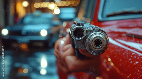 Hand holding gun by red car, city street at night