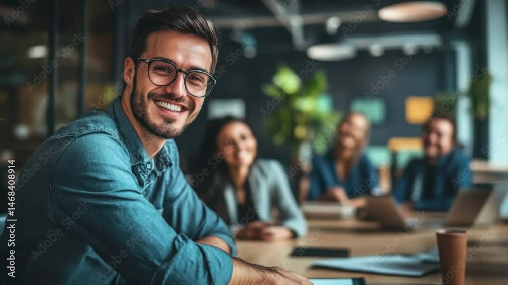 Young man smiles in modern office space with coworkers discussing project ideas in creative environment 4k video footage