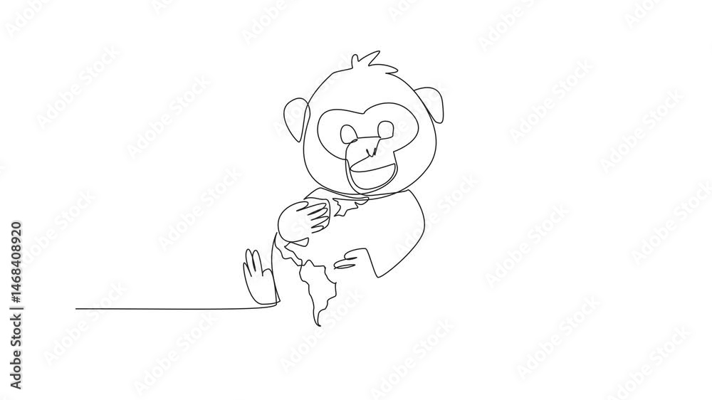 Animated self drawing of continuous one line drawing cute monkey ...