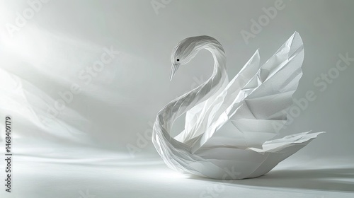 Elegant origami swan sculpture in soft light.