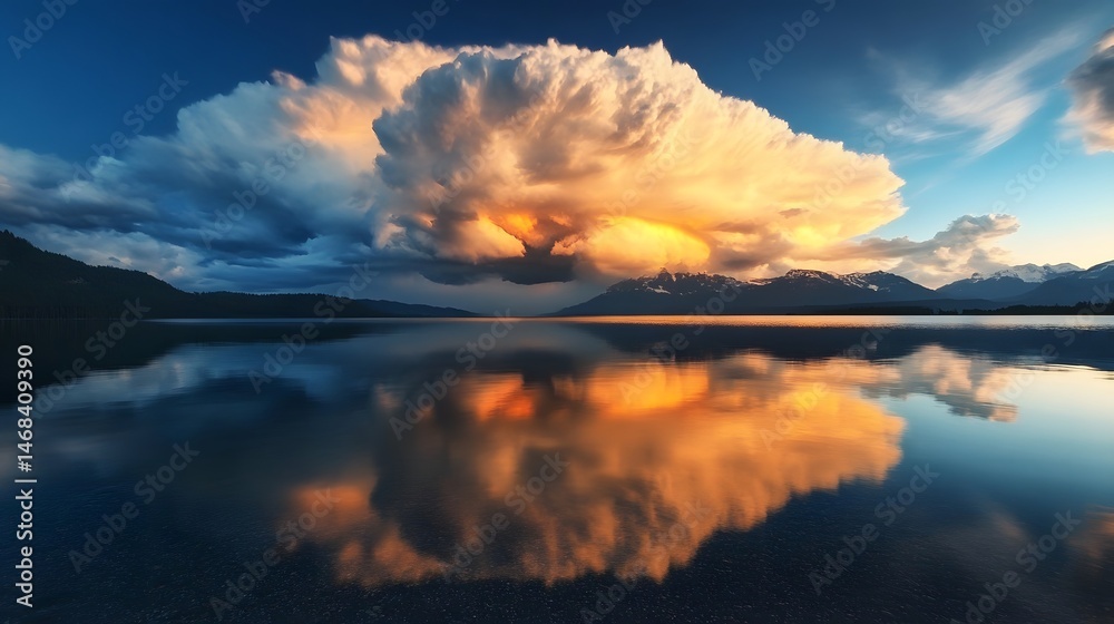 Fototapeta premium Dramatic cloud reflection on tranquil lake at sunset
