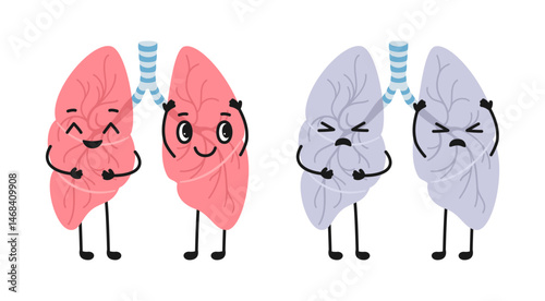 Two lungs mascot healthy and unhealthy cartoon childish illustration. Happy smiley lung and sad sick respiratory internal organ character. Check health human organ poster, vector comic medicine design