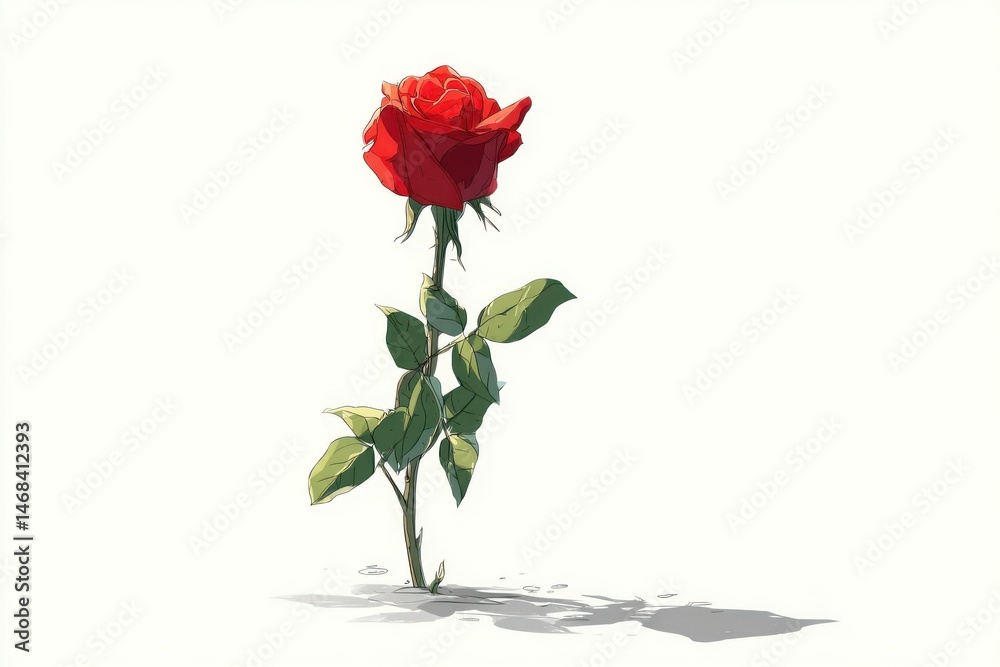 Fototapeta premium Vibrant Red Rose with Detailed Stem and Leaves Ideal for Romantic Nature and Botanical Desig