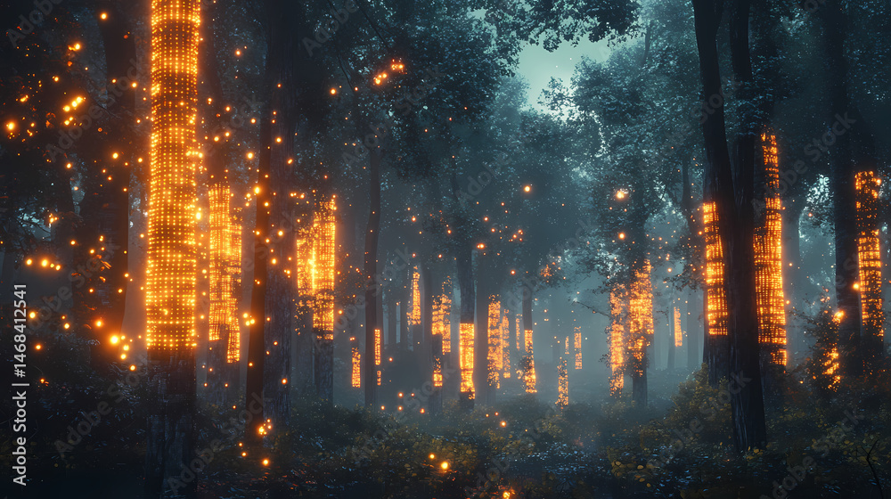 Fototapeta premium Autumnal forest with glowing, mechanical trees. mechanical forests. illustration. [Mechanical Forests] | Programmable Trees | coded flora. Illustration