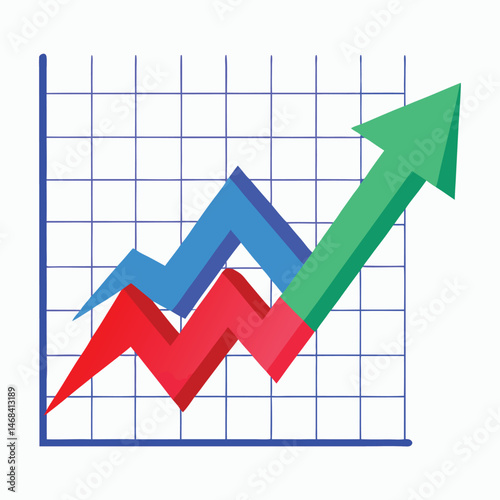 A blue arrow sharply trending upwards over fluctuating red and green lines on a grid on a white background.