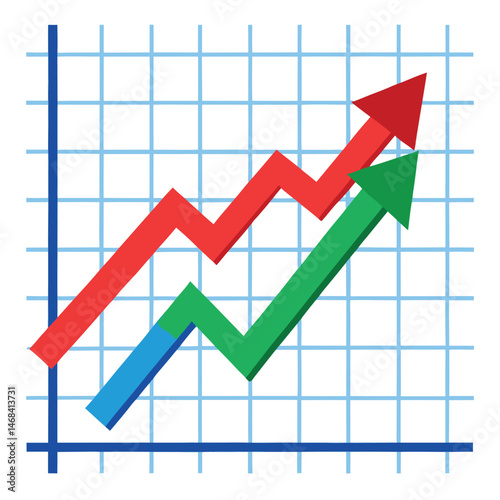 A blue arrow sharply trending upwards over fluctuating red and green lines on a grid on a white background.