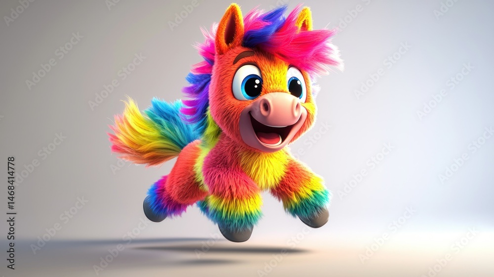 Fototapeta premium Colorful cartoon pony leaping against a plain background