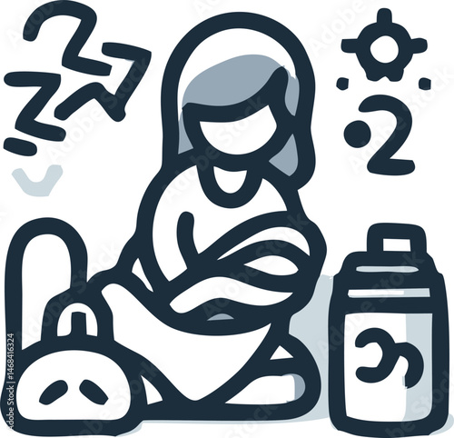 Exhausted Mother Nursing Baby - Simple Line Art Illustration