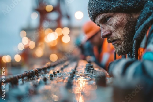 A rugged individual braving the cold leaning on an icy railing with a backdrop of blurred ligh
