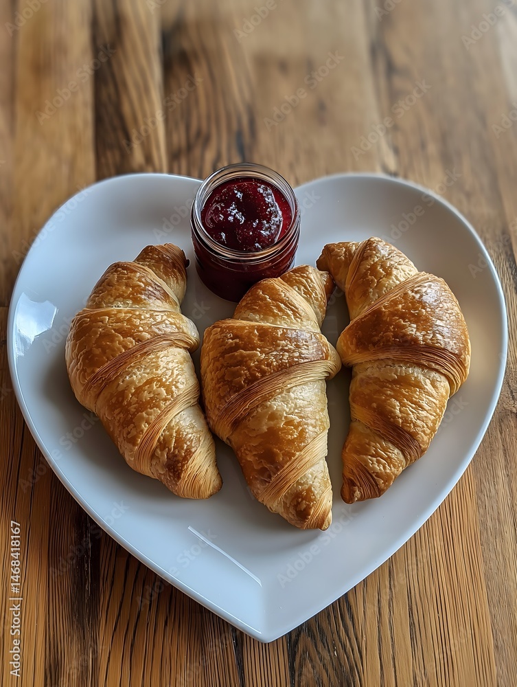 Croissants with Berry Jam on a Heart-Shaped Plate