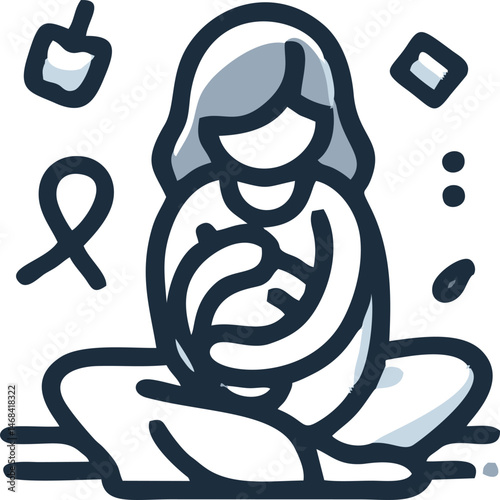 Serene Motherhood: Line Art Illustration of a Woman Holding a Baby
