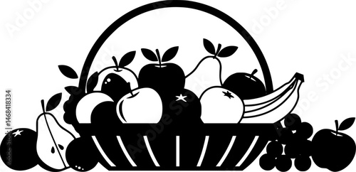 Silhouette illustration of a fruit basket with various fruits in black and white.