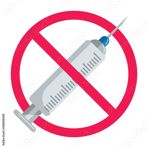 Forbidden sign with syringe icon, no drug injection sign,  syringe prohibition sign, stop drugs symbol