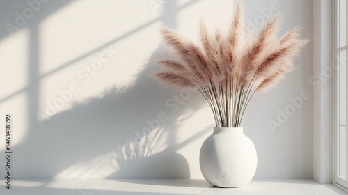 Light-filled room featuring a vase with decorative grasses.