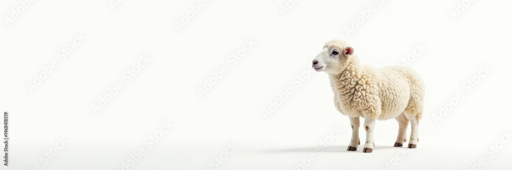 Fototapeta premium Lone sheep on pure white backdrop, fluffy wool , white, farm