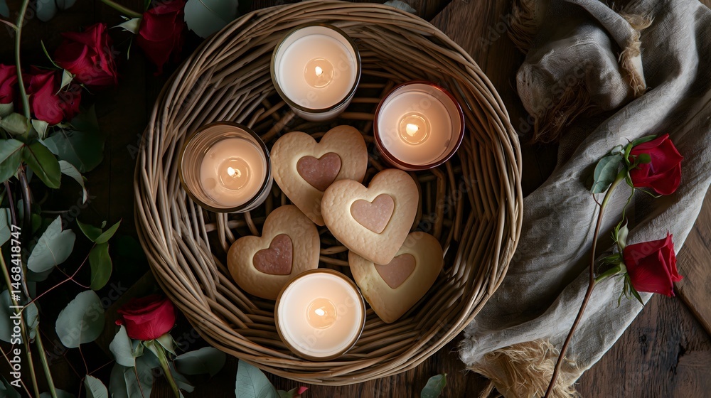 Heart-Shaped Cookies and Candles in Wicker Basket