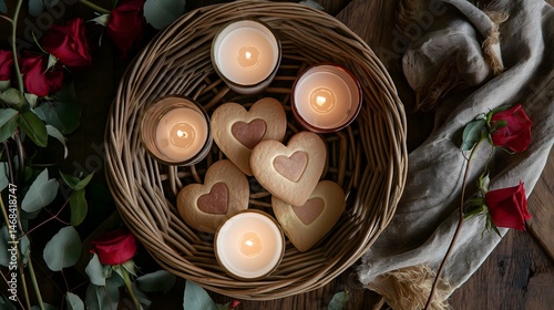 Obraz na płótnie Heart-Shaped Cookies and Candles in Wicker Basket w salonie