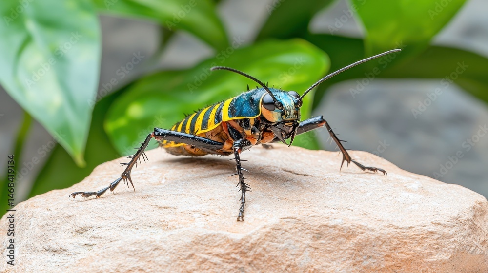 Naklejka premium Vibrant Yellow and Black Insect on Rock, Close up