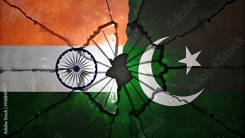 India Pakistan flags in cracked mirror reflection