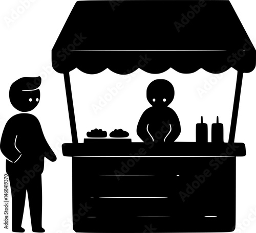 A glyph illustration of a character standing at a food stall
