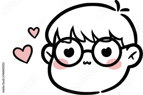 simple black and white cartoon character, little girl with heart shaped glasses, cute, minimalist, vector style
