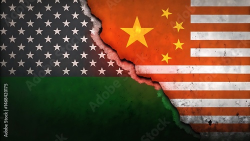 Torn fabric merging Chinese and American flags