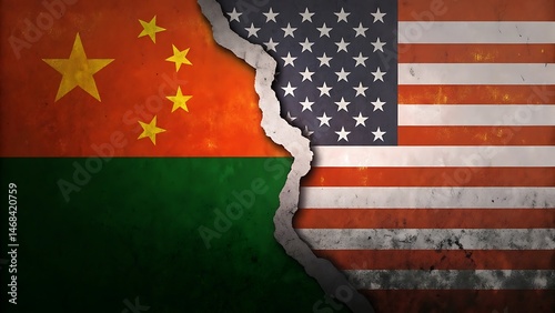 Torn fabric merging Chinese and American flags