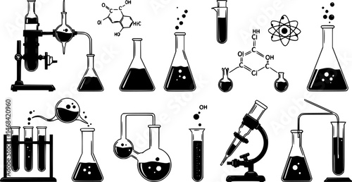 Chemistry and laboratory related line icon set. Science and scientific equipment linear icons. Lab and experiment outline vector sign collection.