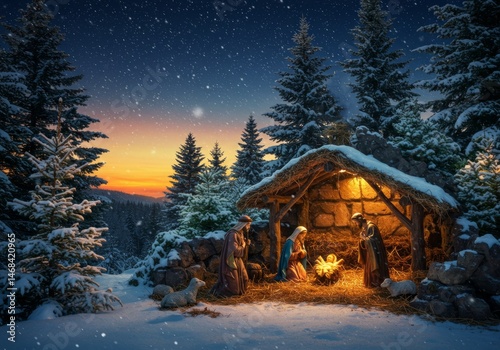 Nativity Scene in Snowy Winter Landscape with Holy Family and Lambs