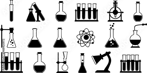 laboratory equipment, scientific instruments, chemical glassware, laboratory glassware, beakers, flasks, test tubes, pipettes, bunsen burners, science equipment, scientific symbols, chemistry icons, m