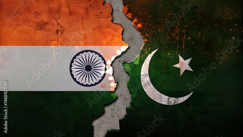 Torn map showing India and Pakistan separated by a deep fault line