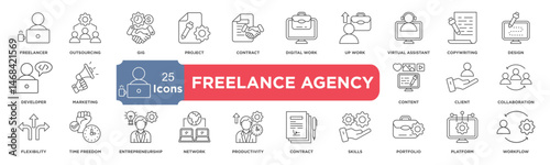 freelance agency icon collection set. Containing freelancer, remote, outsourcing, gig, project, contract, digitalwork, upwork, fiverr, virtualassistant, copywriting icon. Simple line vector.