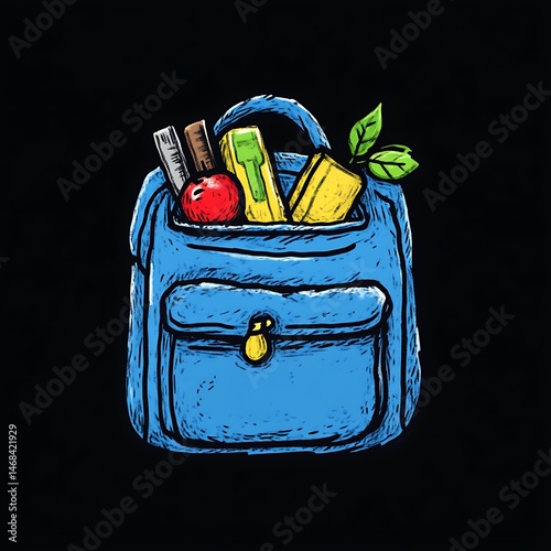 School backpack filled with supplies.  Healthy snacks and stationery items inside a blue bag