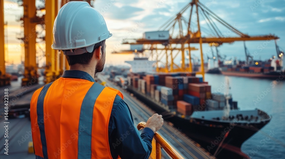 Obraz premium Port worker overseeing cargo ships and cranes at sunset