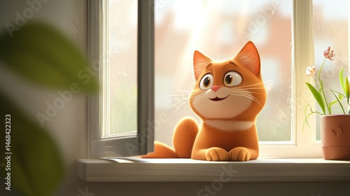 Cute cartoon cat on windowsill, looking out, flowers and plants in background, for children's media