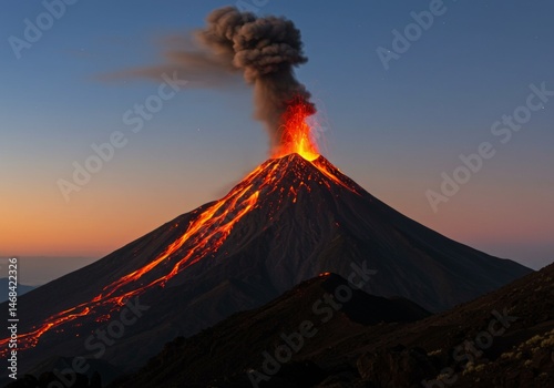 Volcano Eruption with Flowing Lava and Smoke at Dusk Landscape