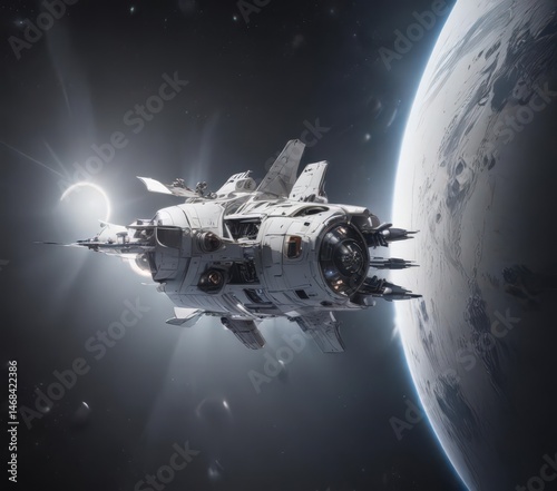 Wallpaper Mural Sleek spacecraft orbiting luminous white planet , spacecraft, ship, vehicle Torontodigital.ca