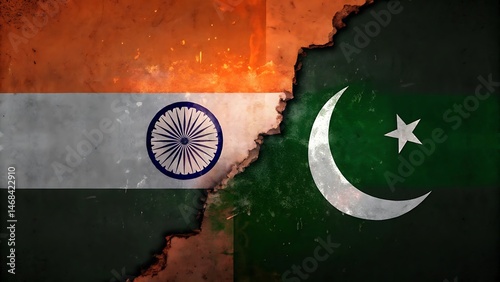 Conceptual image of torn fabric stitched together with Indian and Pakistani flag patterns representing fragile diplomacy