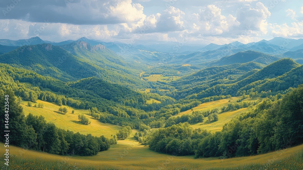 Fototapeta premium Majestic valley nestled among verdant mountain ranges.