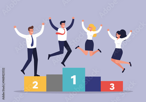 Diverse Team Celebrating Success on Podium Workplace Triumph