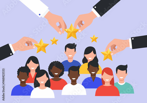 Diverse Team Achieving Success with Star Ratings and Recognition