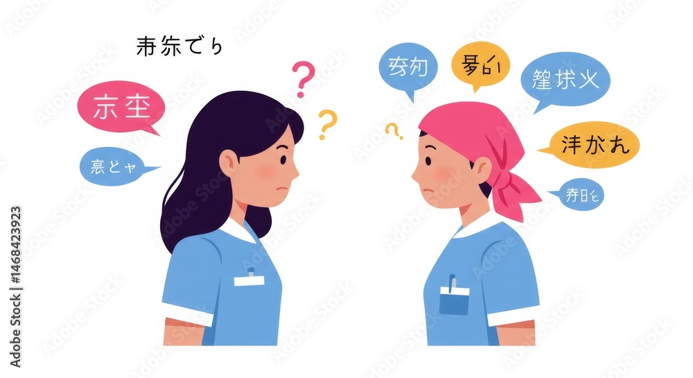 Fototapeta premium Two healthcare workers communicating in a hospital setting with text bubbles expressing thoughts and concepts