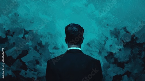 A man in a suit stands with his back to the viewer, surrounded by abstract blue brushstrokes, creating a contemplative mood.